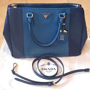Prada Saffiano Leather Blue Gold Convertible Bag